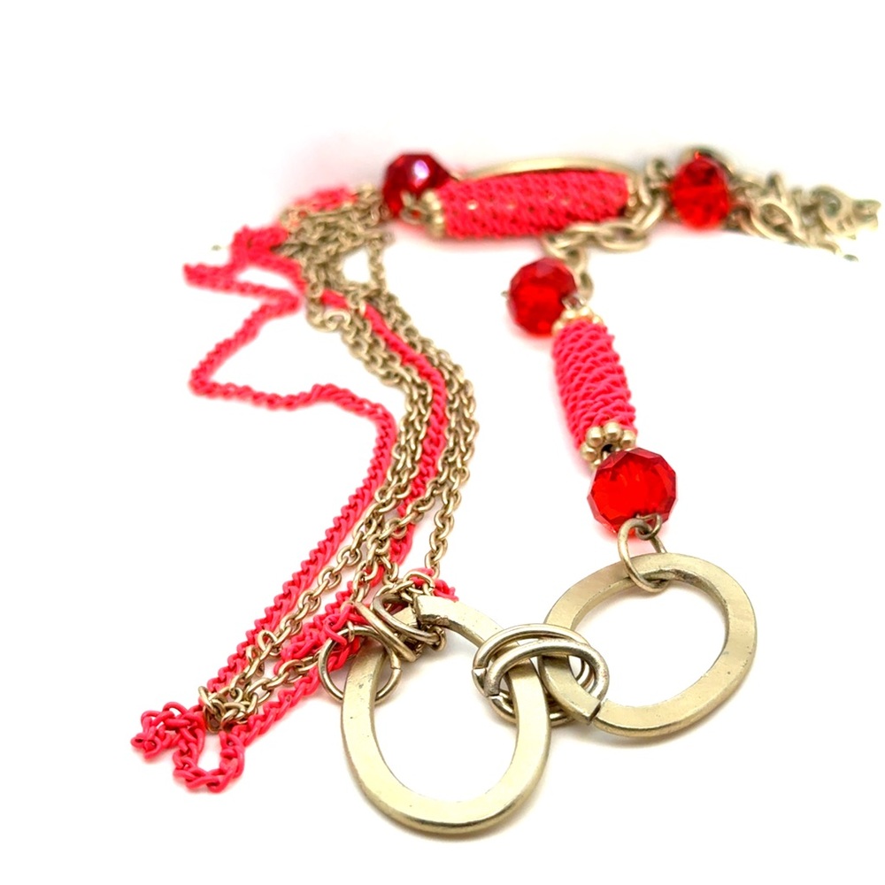 Pink Gold-Tone Multi-Chain Necklace with Hoop Pendant (n3)‎
